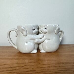 Fitz and Floyd Puppy Love Hugging Dog Mugs Vintage 1977 Japan Cream Ceramic Set